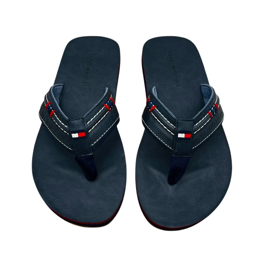 Tommy Hilfiger Mens Destino Thong Sandal Size 11 Dark Blue Faux Leather Flexible